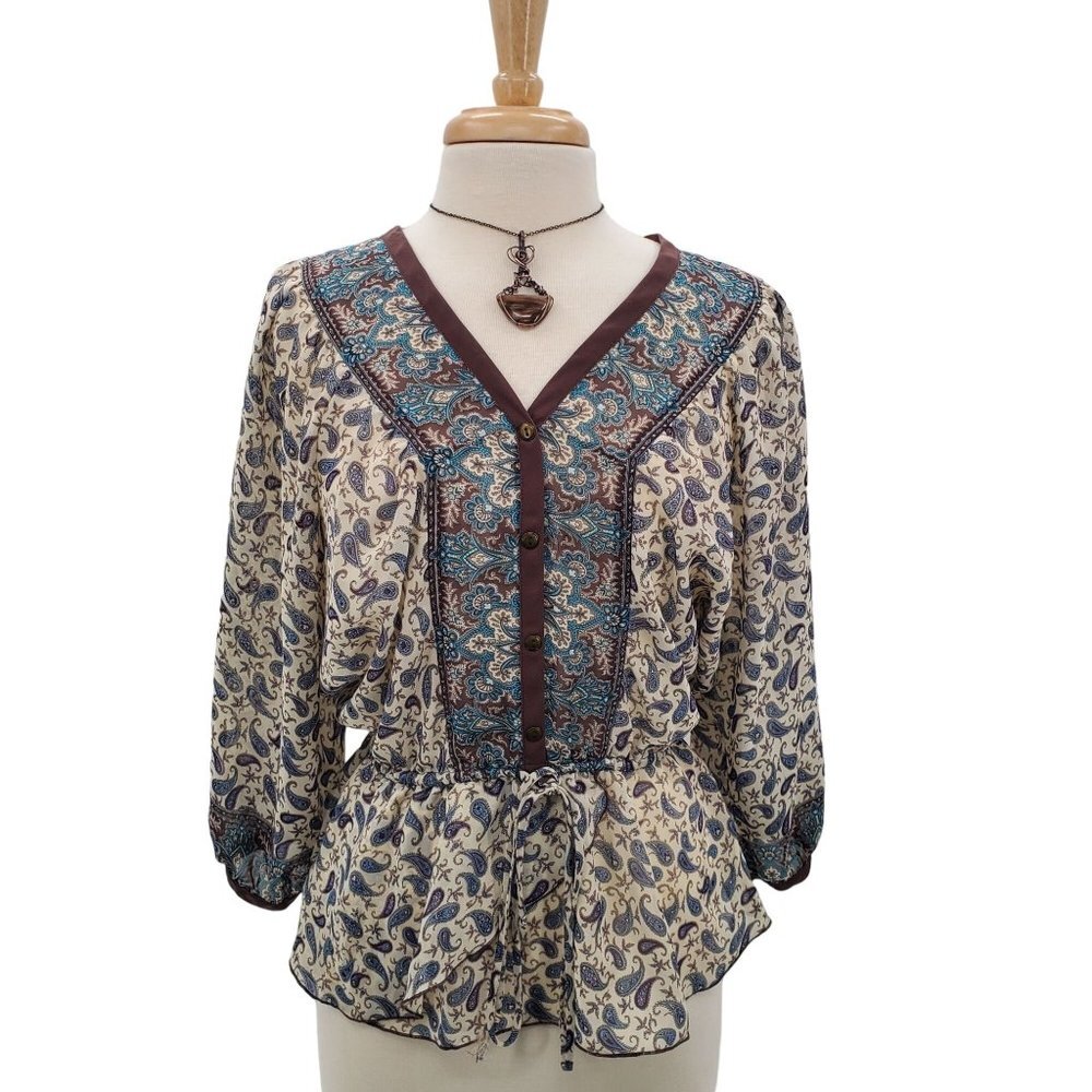 Maurices Womens Paisley Boho Tunic Top Sz M Blue Brown V-Neck Elastic‎ Waist